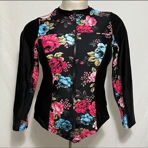 Torrid Swimsuit Swim Rash Guard Front Zip Wireless Size 2 Floral